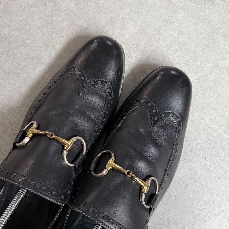 Gucci Horsebit Loafer Wingtip Leather Black Gold Silver Hardware Business Shoes