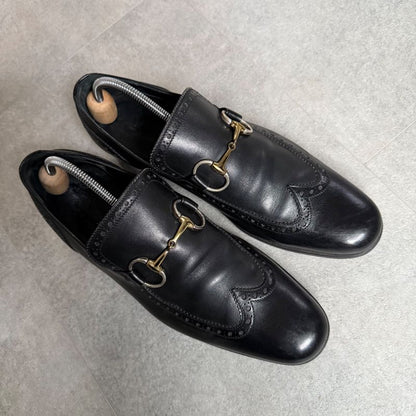 Gucci Horsebit Loafer Wingtip Leather Black Gold Silver Hardware Business Shoes