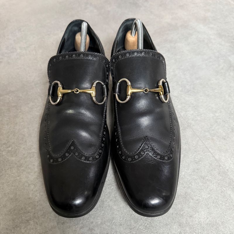Gucci Horsebit Loafer Wingtip Leather Black Gold Silver Hardware Business Shoes