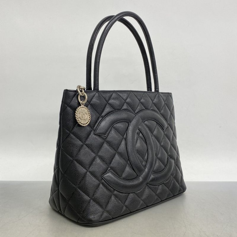 Chanel Tote Bag Revival Tote Caviar Skin Black Silver Hardware Women's