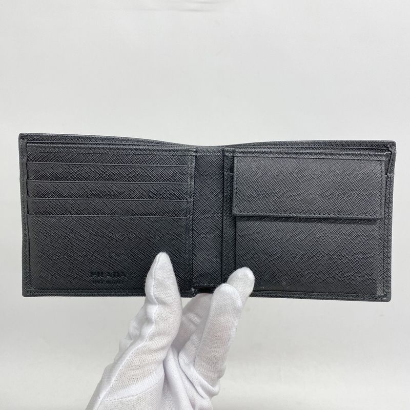 Prada Wallet Saffiano Leather Black Silver Hardware Men's