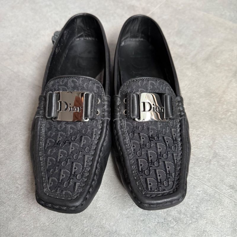 Christian Dior Trotter Logo Plate Driving Shoes Canvas Leather Loafers Black
