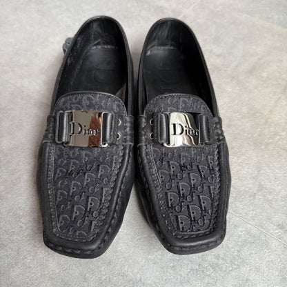 Christian Dior Trotter Logo Plate Driving Shoes Canvas Leather Loafers Black
