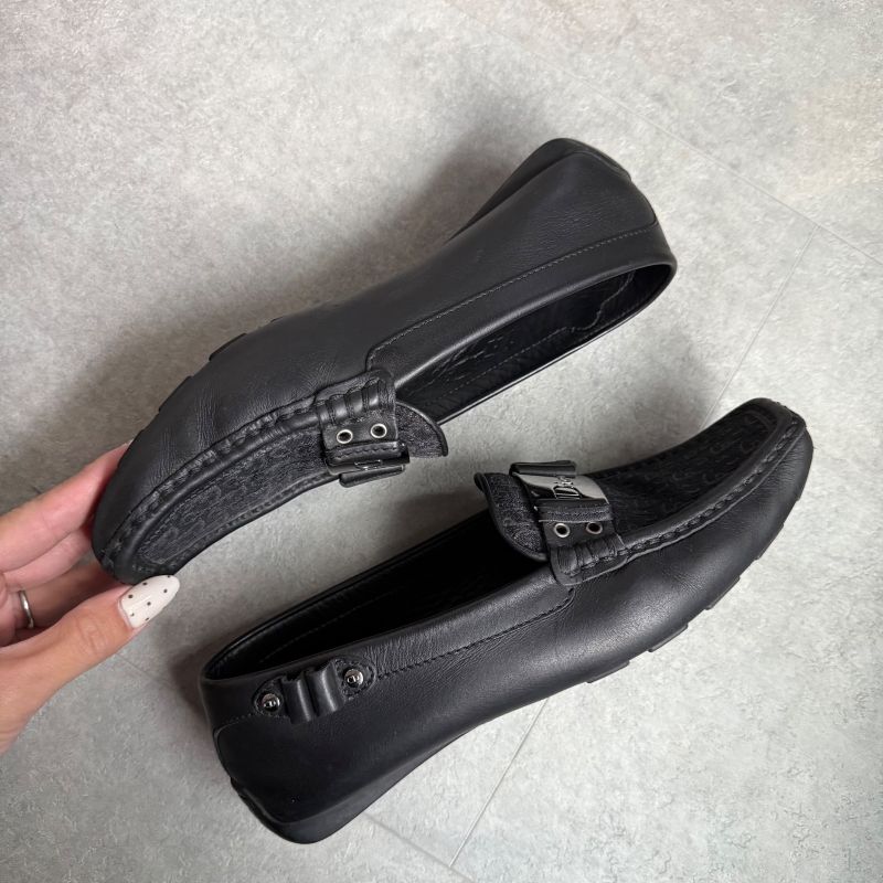 Christian Dior Trotter Logo Plate Driving Shoes Canvas Leather Loafers Black