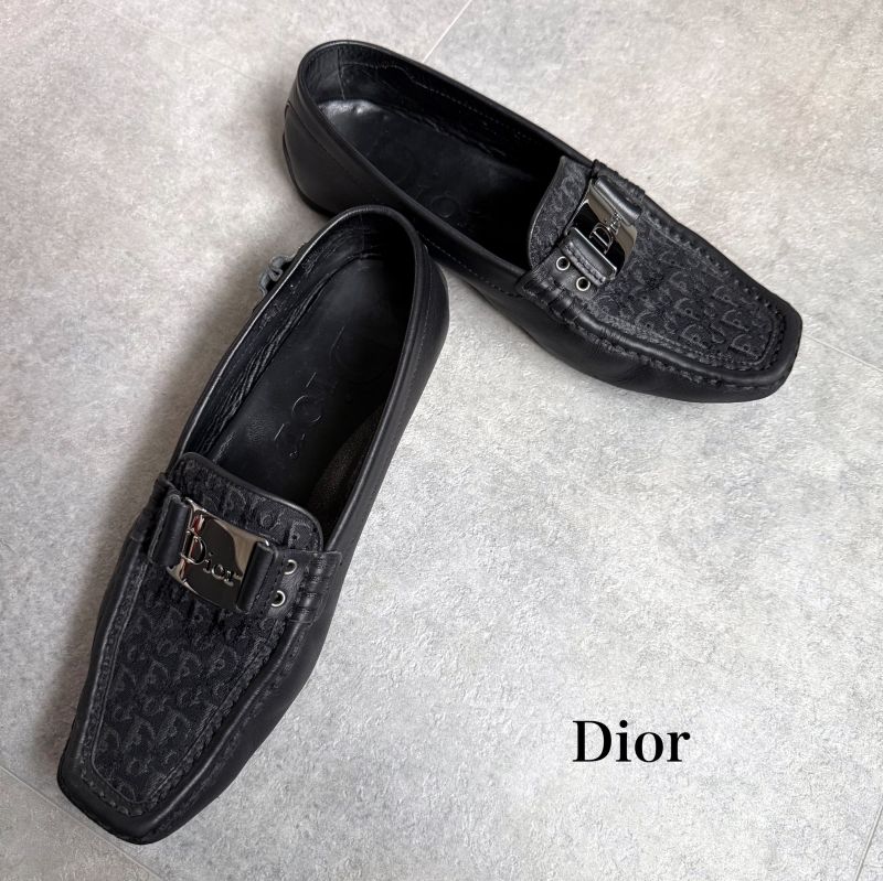 Christian Dior Trotter Logo Plate Driving Shoes Canvas Leather Loafers Black