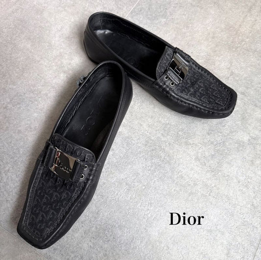 Christian Dior Trotter Logo Plate Driving Shoes Canvas Leather Loafers Black