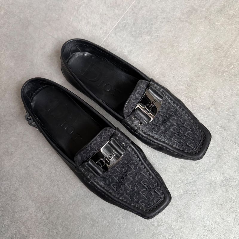 Christian Dior Trotter Logo Plate Driving Shoes Canvas Leather Loafers Black