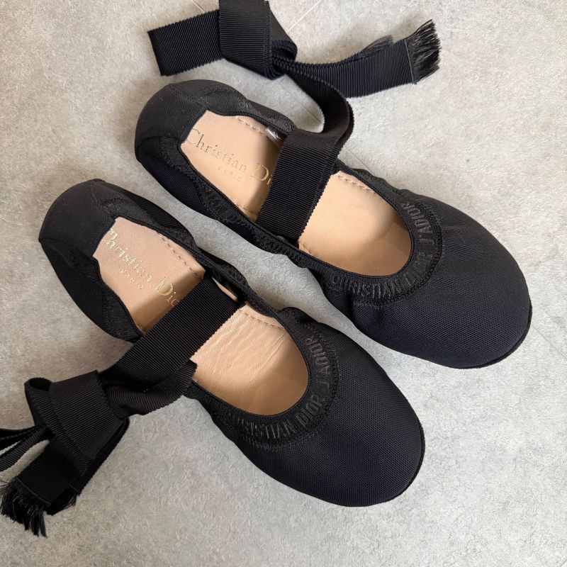 Christian Dior J'adior Logo Design Flat Shoes Ribbon Ballet Shoes Pumps 36 23cm
