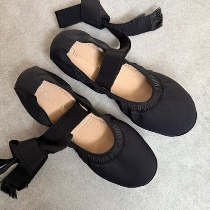 Christian Dior J'adior Logo Design Flat Shoes Ribbon Ballet Shoes Pumps 36 23cm