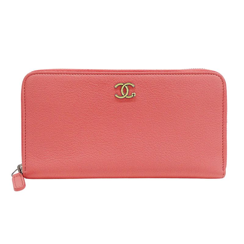 Chanel Wallet Ladies Brand Long Wallet Lucky Clover Leather Salmon Pink Round
