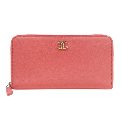 Chanel Wallet Ladies Brand Long Wallet Lucky Clover Leather Salmon Pink Round