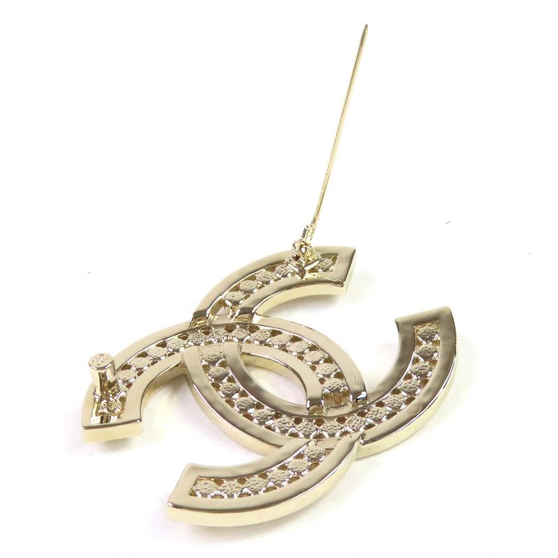 CHANEL B23K Coco Rhinestone Brooch Gold With Box And Storage Bag Made In Italy