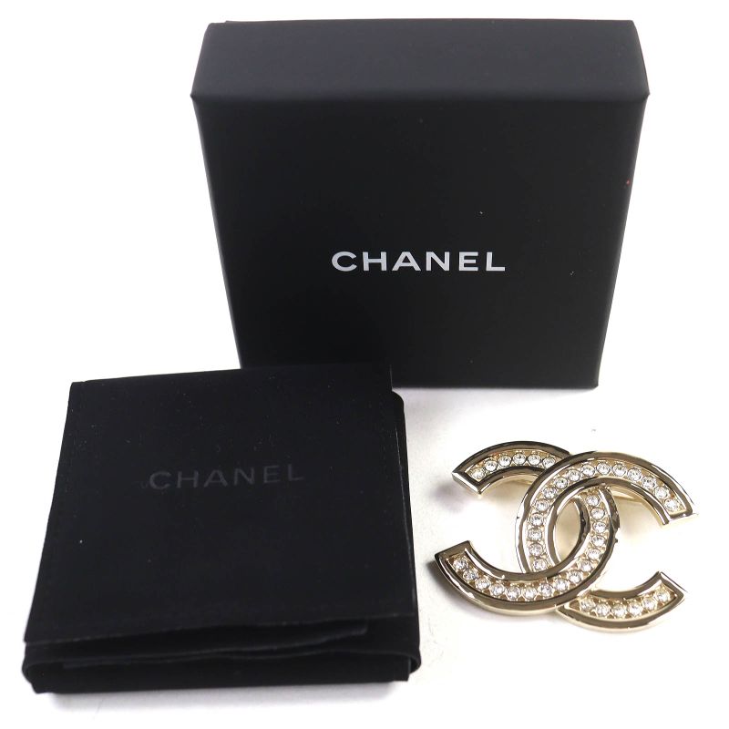 CHANEL B23K Coco Rhinestone Brooch Gold With Box And Storage Bag Made In Italy