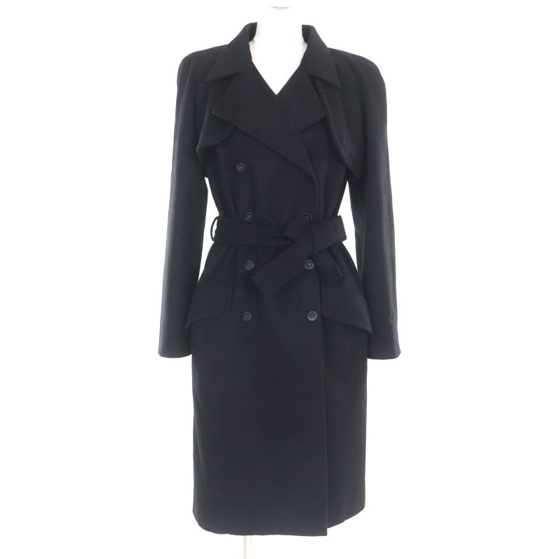 CHANEL P36435 100% Cashmere Long Coat With Belt And Coco Mark Buttons Black 34