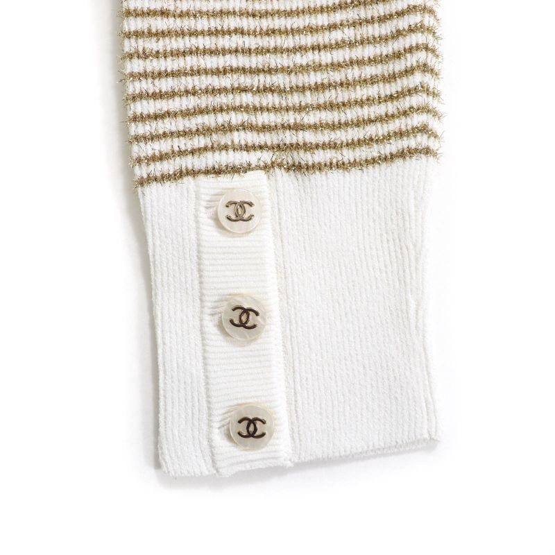 CHANEL P76887 Lame Long Sleeve Pullover With Coco Mark Buttons White Gold 38