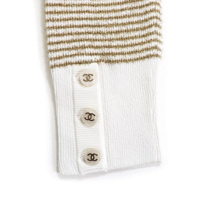CHANEL P76887 Lame Long Sleeve Pullover With Coco Mark Buttons White Gold 38