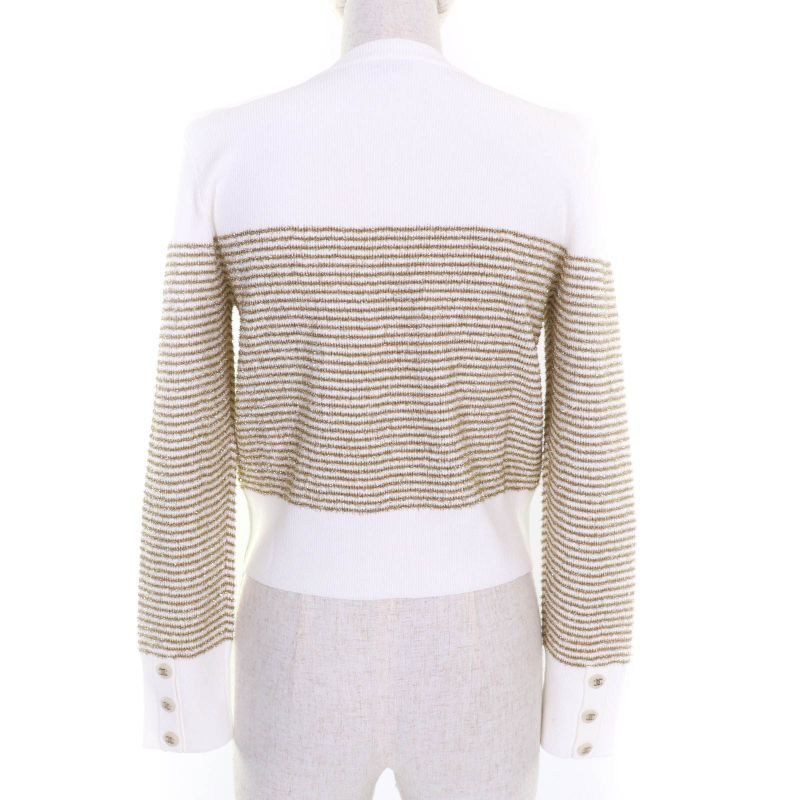 CHANEL P76887 Lame Long Sleeve Pullover With Coco Mark Buttons White Gold 38