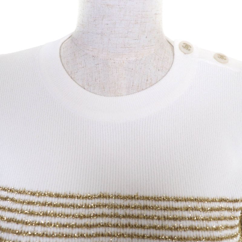 CHANEL P76887 Lame Long Sleeve Pullover With Coco Mark Buttons White Gold 38