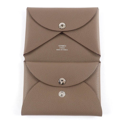 Hermes Calvi Duo Evercolor Etoupe Silver Hardware Card Case Coin Case Engraved