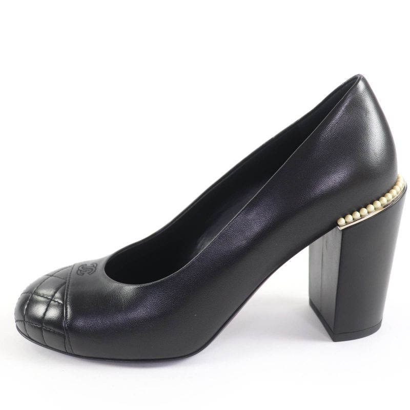 CHANEL G32830 Coco Mark Matelasse Leather Pumps With Faux Pearl Black 36.5 With