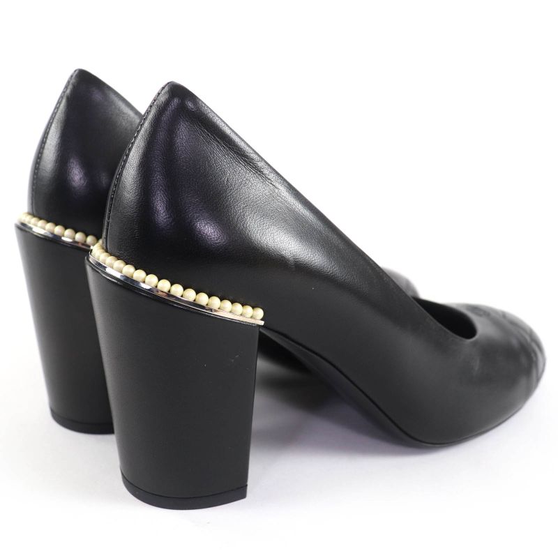 CHANEL G32830 Coco Mark Matelasse Leather Pumps With Faux Pearl Black 36.5 With