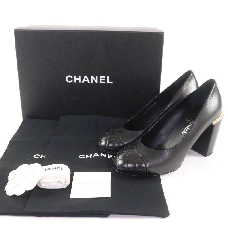 CHANEL G32830 Coco Mark Matelasse Leather Pumps With Faux Pearl Black 36.5 With
