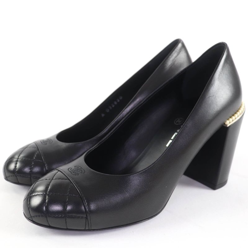 CHANEL G32830 Coco Mark Matelasse Leather Pumps With Faux Pearl Black 36.5 With