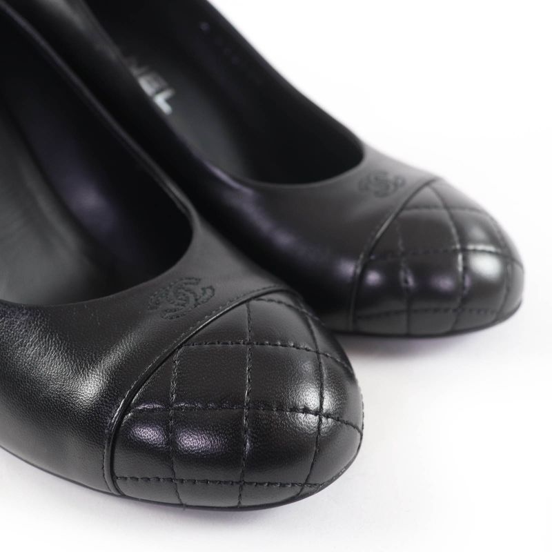 CHANEL G32830 Coco Mark Matelasse Leather Pumps With Faux Pearl Black 36.5 With