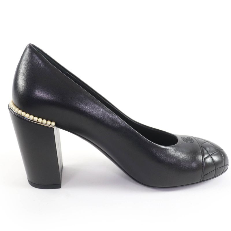 CHANEL G32830 Coco Mark Matelasse Leather Pumps With Faux Pearl Black 36.5 With