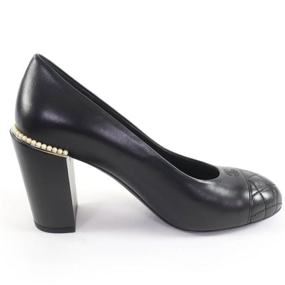 CHANEL G32830 Coco Mark Matelasse Leather Pumps With Faux Pearl Black 36.5 With