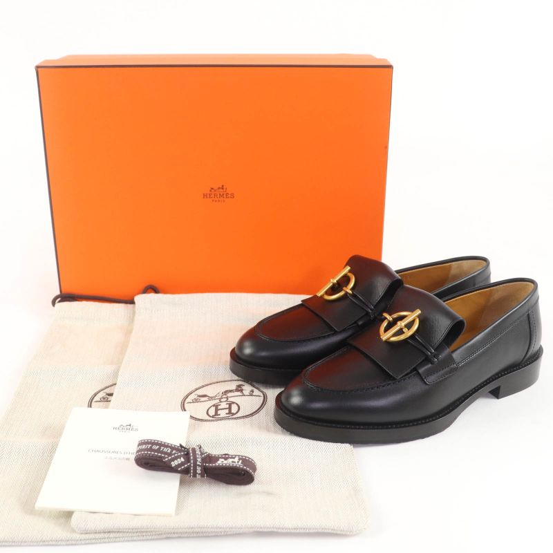 Hermes Impact Gold Hardware Leather Moccasins With Glenan Buckle Black 36 With