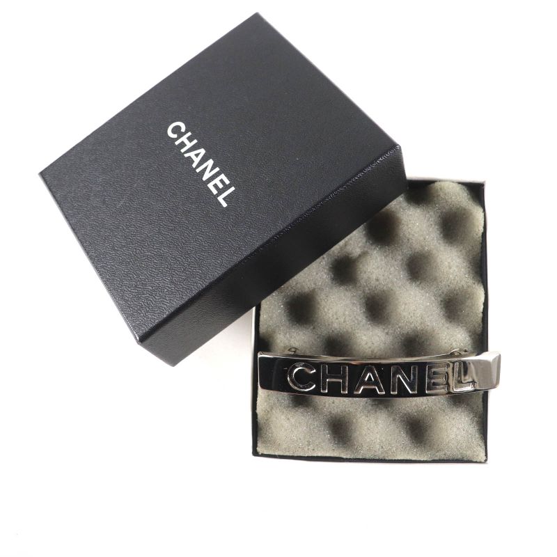 CHANEL Vintage 96P Logo Design Barrette Hair Accessory Silver With Box Made In