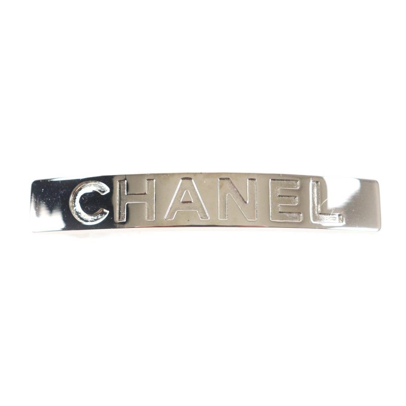 CHANEL Vintage 96P Logo Design Barrette Hair Accessory Silver With Box Made In