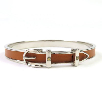 Hermes Santure Silver Hardware Belt Motif Bangle Bracelet Brown