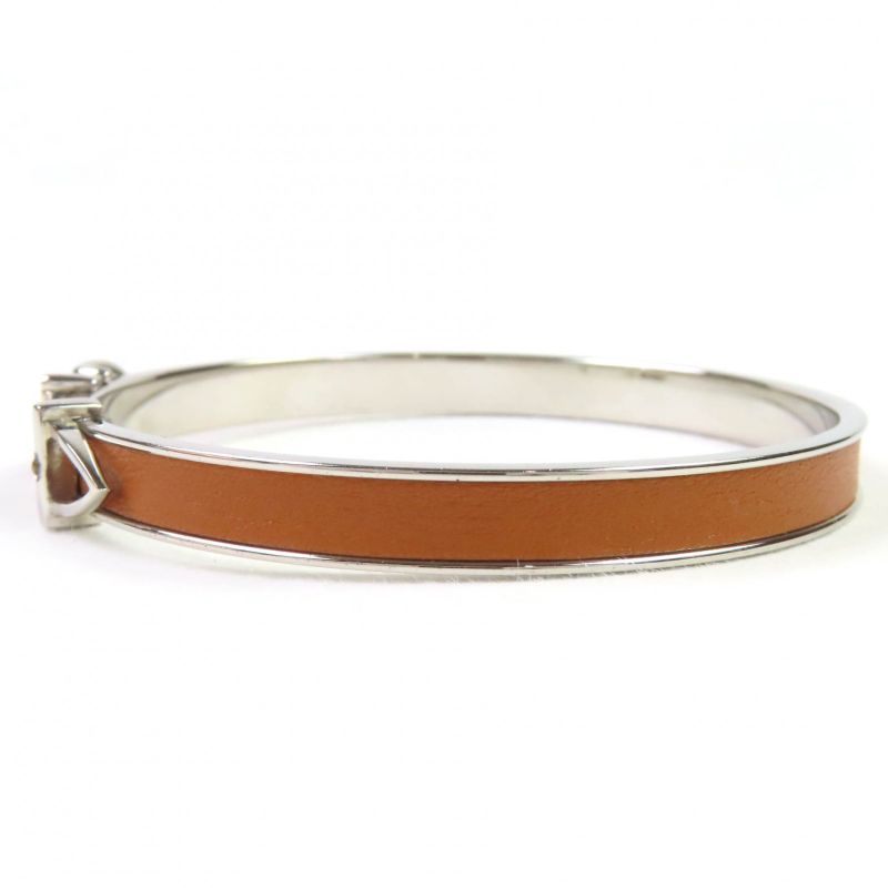 Hermes Santure Silver Hardware Belt Motif Bangle Bracelet Brown