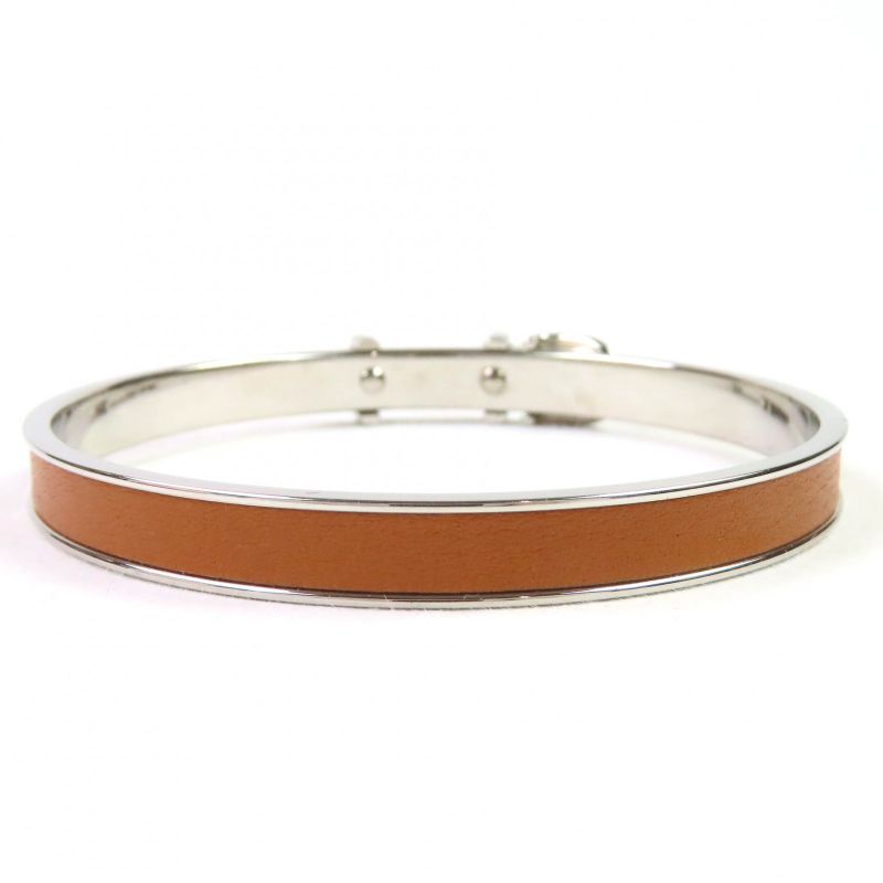 Hermes Santure Silver Hardware Belt Motif Bangle Bracelet Brown