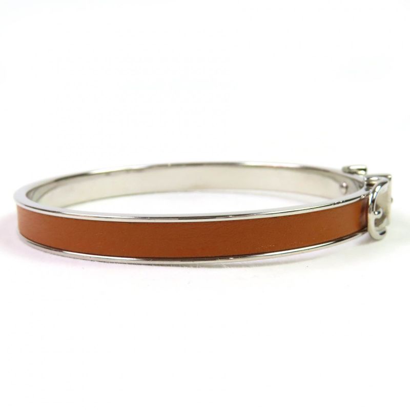 Hermes Santure Silver Hardware Belt Motif Bangle Bracelet Brown