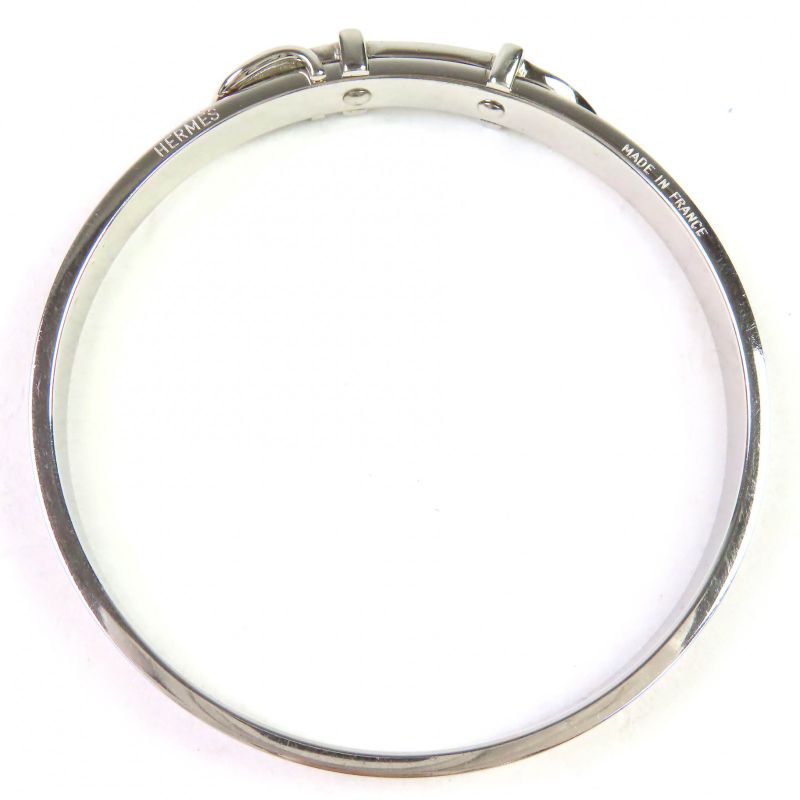 Hermes Santure Silver Hardware Belt Motif Bangle Bracelet Brown