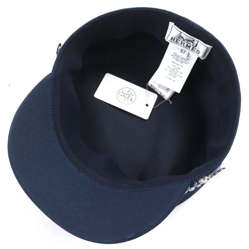 Hermes Deauville SILK Deauville 100% Cotton Serie Button Casket Hat Navy 57