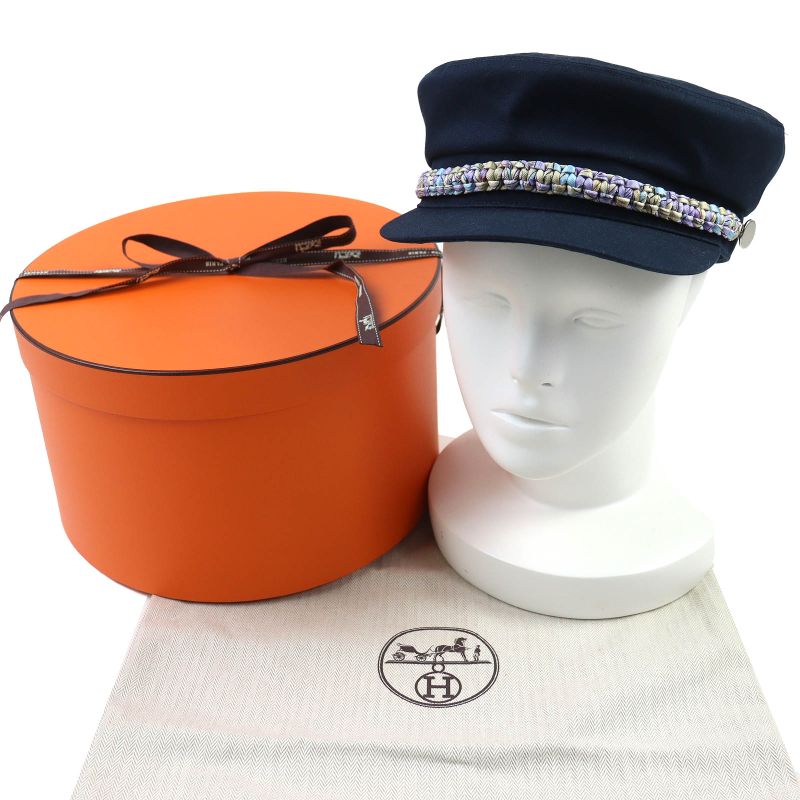 Hermes Deauville SILK Deauville 100% Cotton Serie Button Casket Hat Navy 57