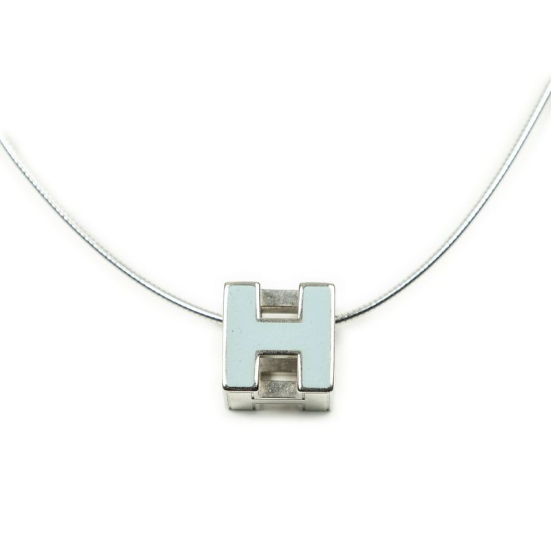 Hermesh Cube Pendant Necklace Light Blue Silver Plated A