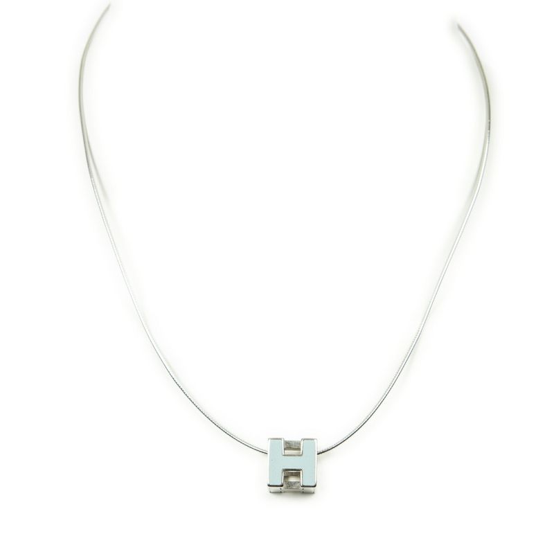 Hermesh Cube Pendant Necklace Light Blue Silver Plated A