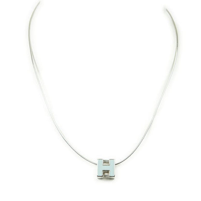 Hermesh Cube Pendant Necklace Light Blue Silver Plated A