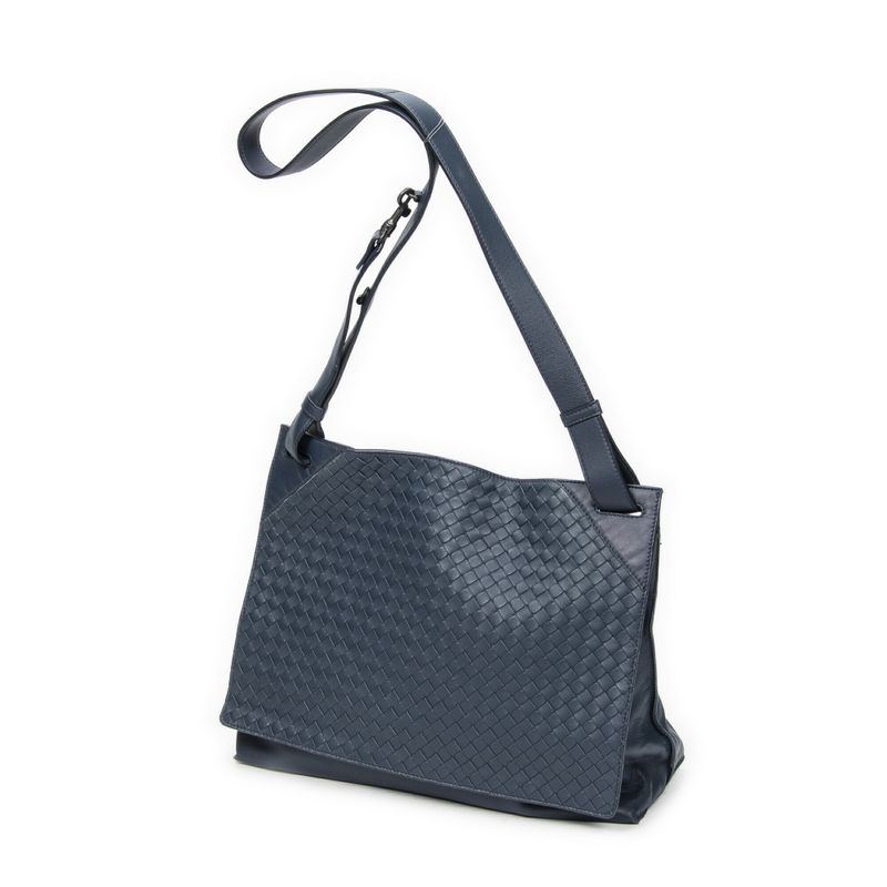 Bottega Veneta Flap Messenger Crossbody Navy Intrecciato Leather A