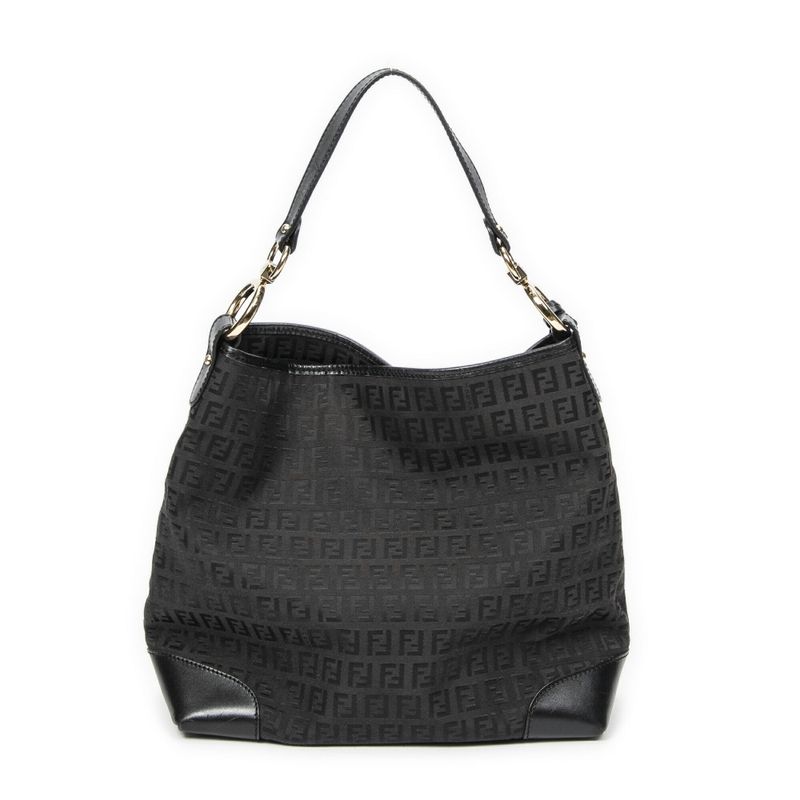 Fendi Front Slip Pocket Hobo Black Zucchino Canvas A