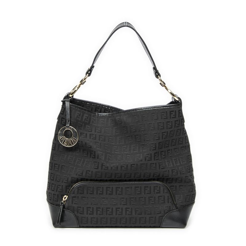 Fendi Front Slip Pocket Hobo Black Zucchino Canvas A