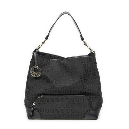 Fendi Front Slip Pocket Hobo Black Zucchino Canvas A