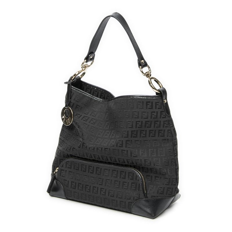 Fendi Front Slip Pocket Hobo Black Zucchino Canvas A