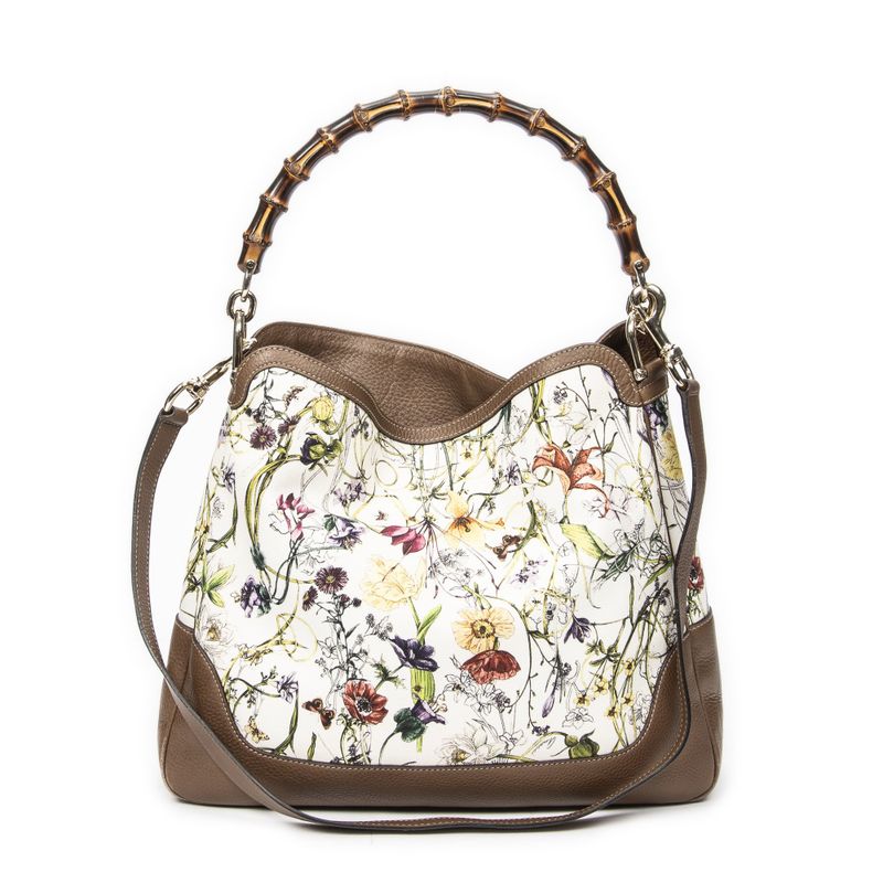 Gucci Medium Diana Bamboo Hobo Ivory/brown Floral Canvas A