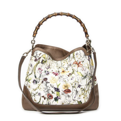 Gucci Medium Diana Bamboo Hobo Ivory/brown Floral Canvas A
